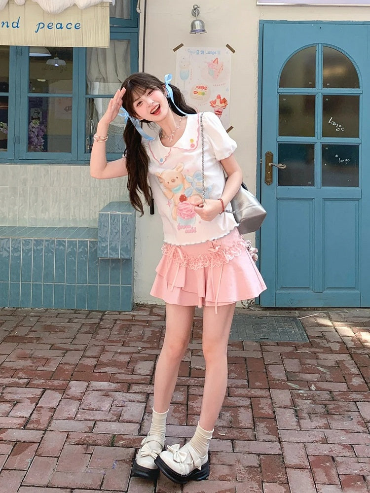 Cartoon Bear Print Hem White Peter Pan Collar Puff Sleeve Contrast Lettuce T-Shirt