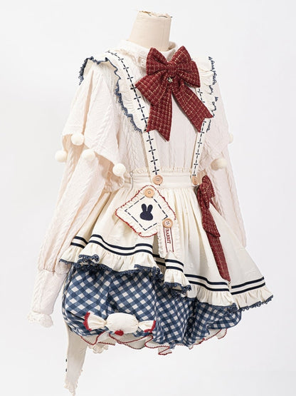 White Long Sleeves Knitted Top Apron Blue Plaid Pattern Bloomer Shorts Sweet Lolita Full Set