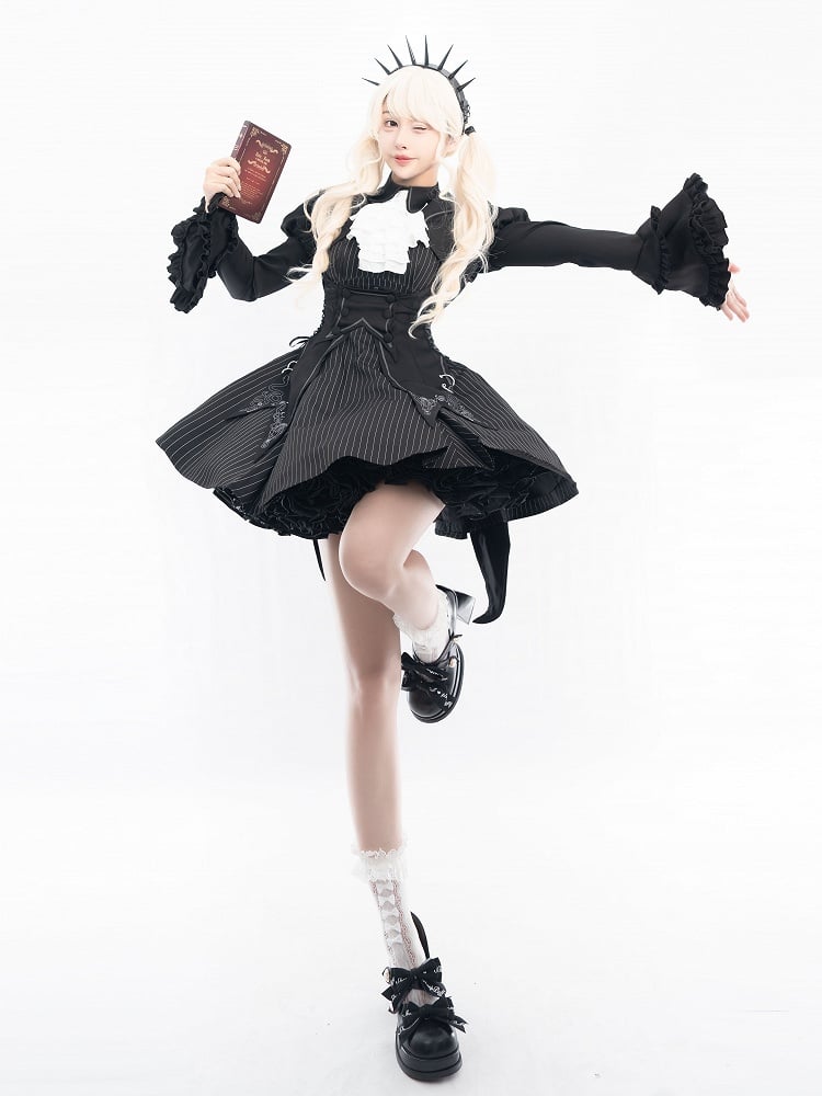 Ensemble complet robe lolita à rayures noires + gilet + haut court