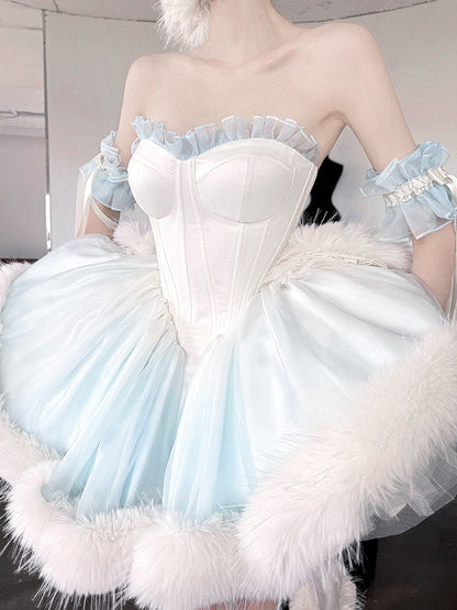 Ombre Blue Boned Bustier Bodice Corset Dress Faux Fur Fluffy Hemline