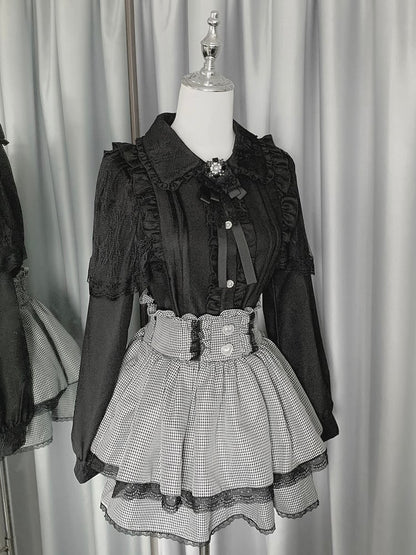 Tiered Details Black Plaid Kei + Jirai Pleating Skirt Outfit- BlackWhite Shirt