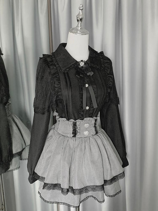 Tiered Details Black Plaid Kei + Jirai Pleating Skirt Outfit- BlackWhite Shirt