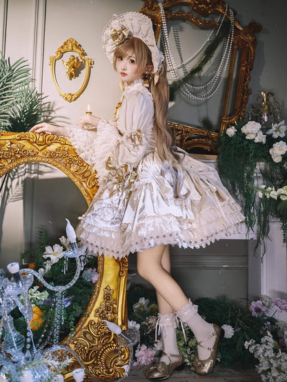 Velvet Candlestick Cream Sleeves Bell Embroidery Dress and Candle