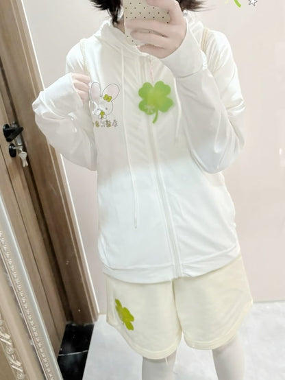 Lucky Four-Leaf Clover Print Beige Loose Shorts