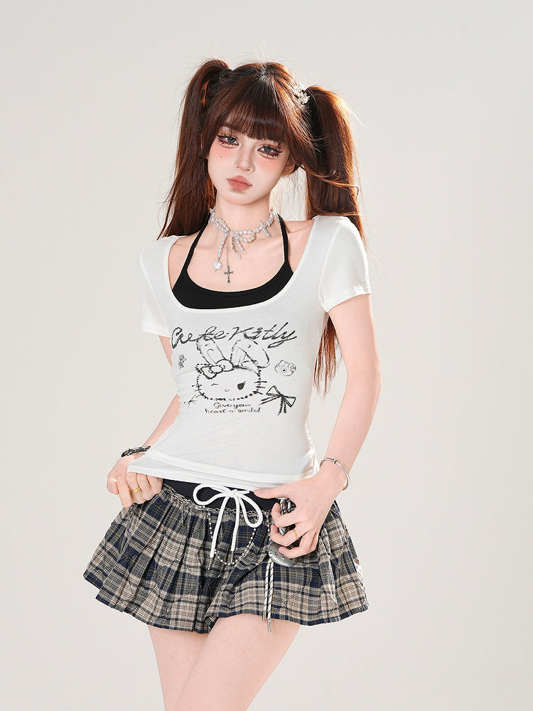 Top T-shirt Halter Print Set Bunny Red/White Neck Black with