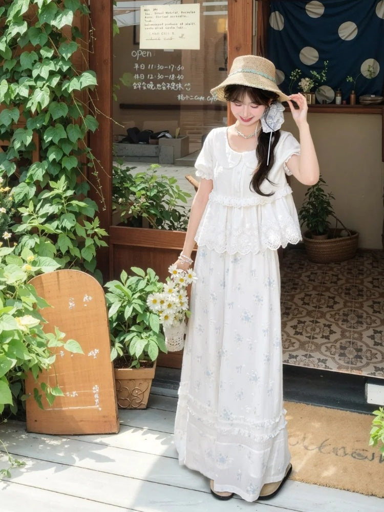 Blue Floral Pattern Version White Chiffon Waist Wide-Leg Pants Elastic Regular/Short