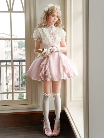 and Fake Blouse Boned Pieces Design Apricot Pink Skirt Lolita Waist Dress Two