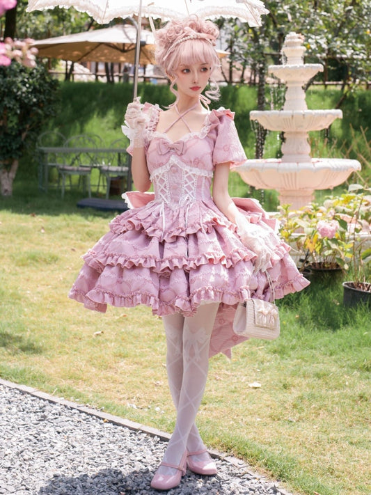 Pink Princess Corset Waist Dress Ruffle Skirt