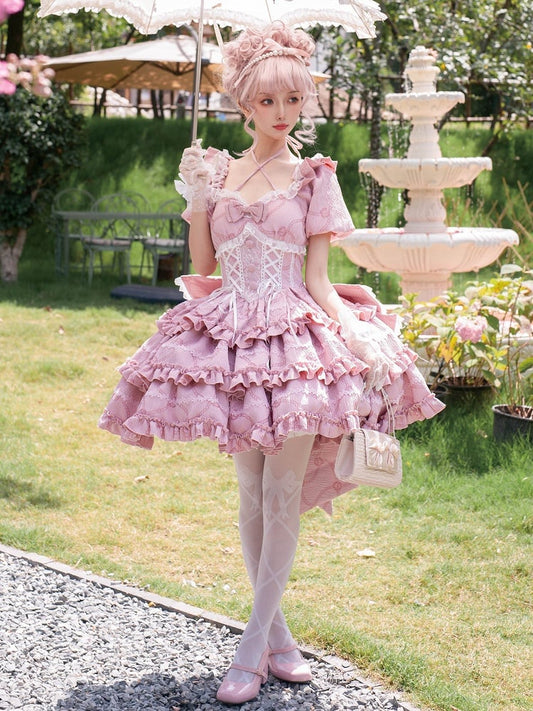 Back Ruffle Big at Bow Clearance Skirt Size Lolita Waist Dress Princess Bust 86-96CM OP M with for Corset - Pink