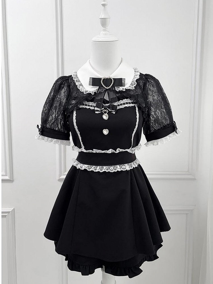 Rhinestone -Shirt Set Sweetheart Black Bowtie Decoration Shawl Kei Jirai Top Collar + Lace Shorts