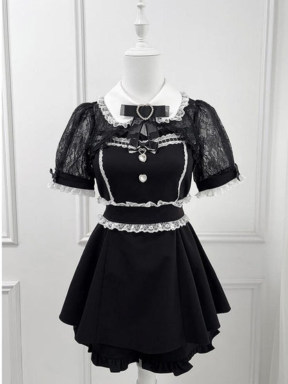Rhinestone -Shirt Set Sweetheart Black Bowtie Decoration Shawl Kei Jirai Top Collar + Lace Shorts