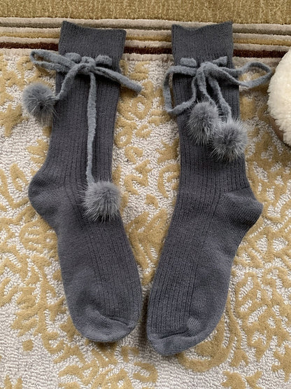 Khaki/Red/White/Grey/Green Cute Calf Socks With Pompons