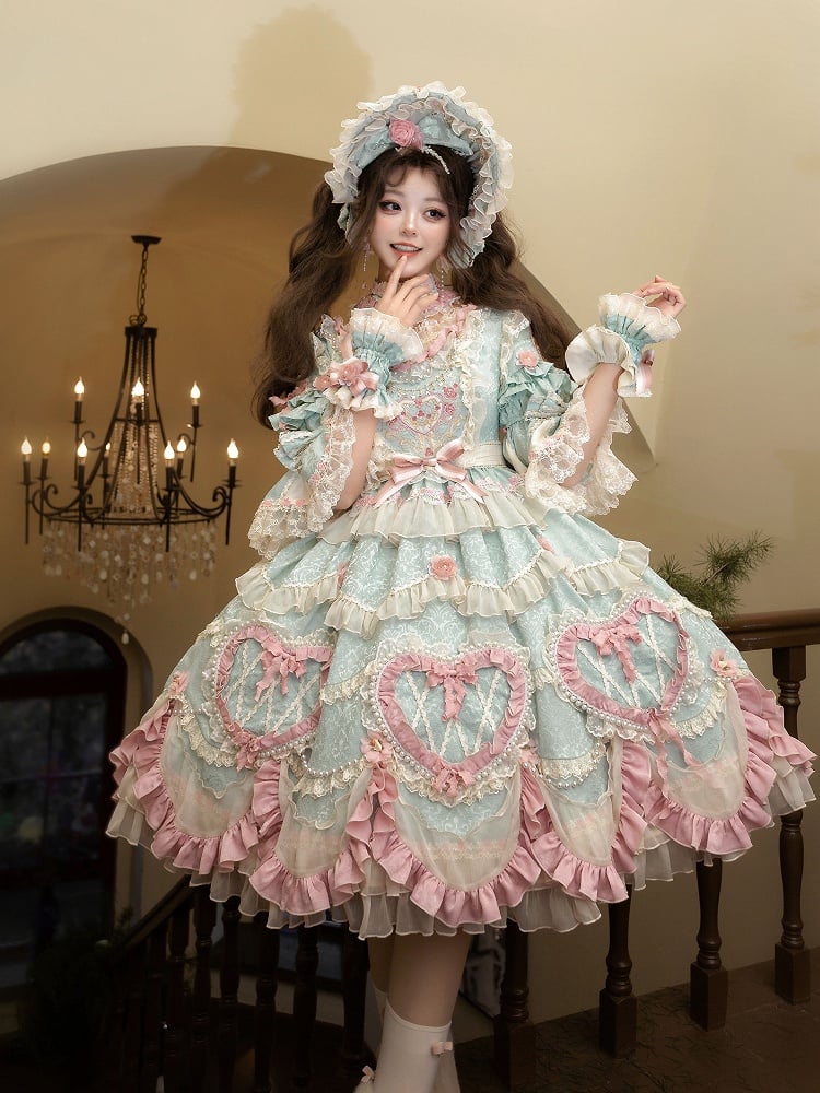 Mint Green Hanayome Rosette Floral And Bead Lolita Full Set