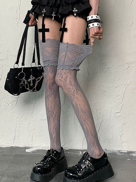 Pattern Gray Lace Floral Overknee Trim Stockings Y2K