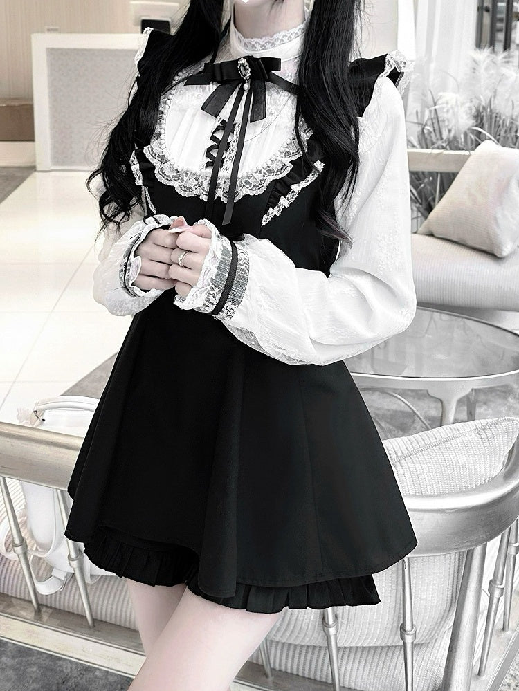 Sleeves Jirai Kei Black Illusion Neckline Flutter Plaid Set Lace Trim Mini Dress+Shorts White/Gray