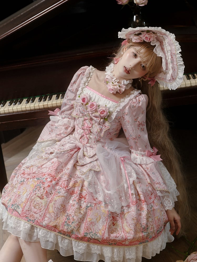 Pink Rosette Print Rococo Fashion Inspired Lolita Dress Square Neckline Bell Sleeves OP / Full Set