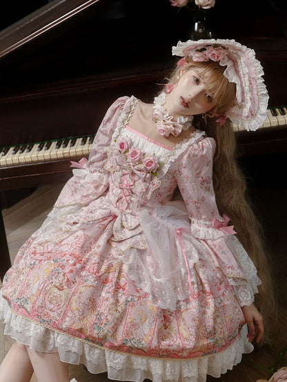 Pink Rosette Print Rococo Fashion Inspired Lolita Dress Square Neckline Bell Sleeves OP / Full Set