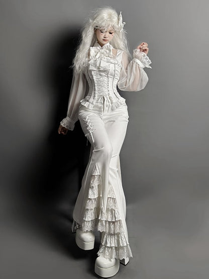 Lace Patches Flared Cuffs Pants White Tiered