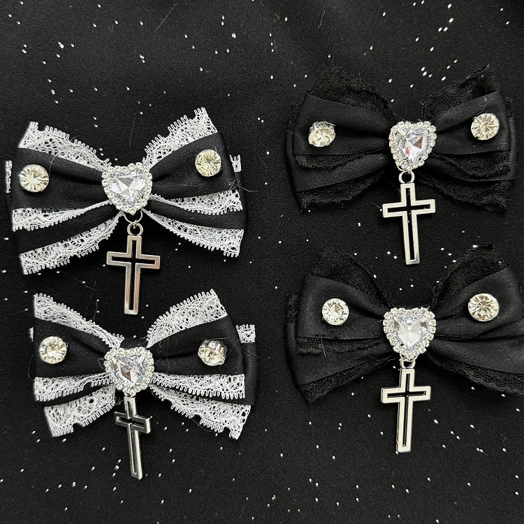 Jirai Kei Rhinestones Adorned Cross Charm Bowknot Hairclips