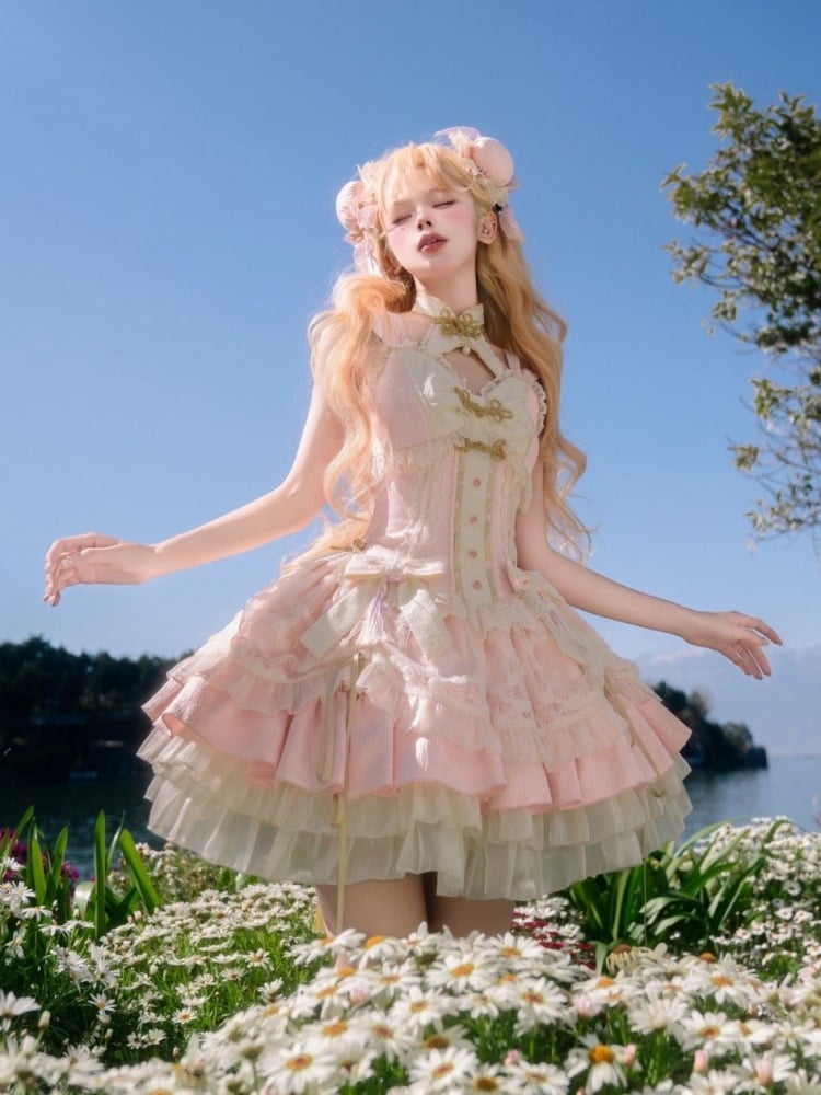 Sakura Pink Qi Lolita-Kleid mit Korsett-Taille und großer Schleife an der Taille