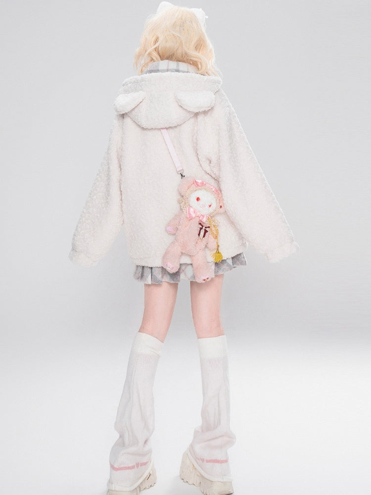 Milk White Plaid Bowknot Details Bears Ears Fleece Zip Hoodie