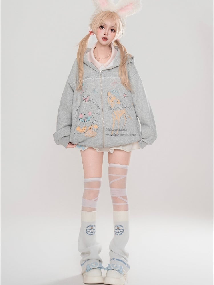 Grey/White Cartoon Animal Print Spring Zip Hoodie