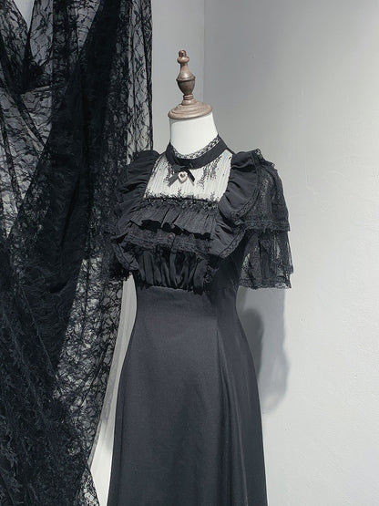 Jirai Kei Black/White Illusion Waist Neckline Ruffled High Lace Dress Trim