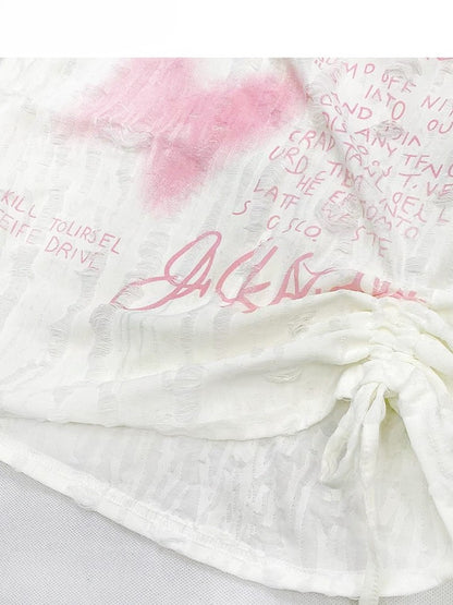 Asymmetrisches Y2K Bittersweet Neckline Letter Butterfly T-Shirt Off-White und Print