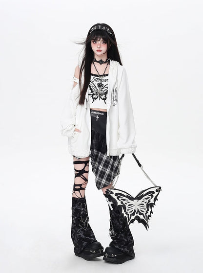 Zip-up Hooded Jacket with Distressed Holes and Cutout Shoulder White/Black