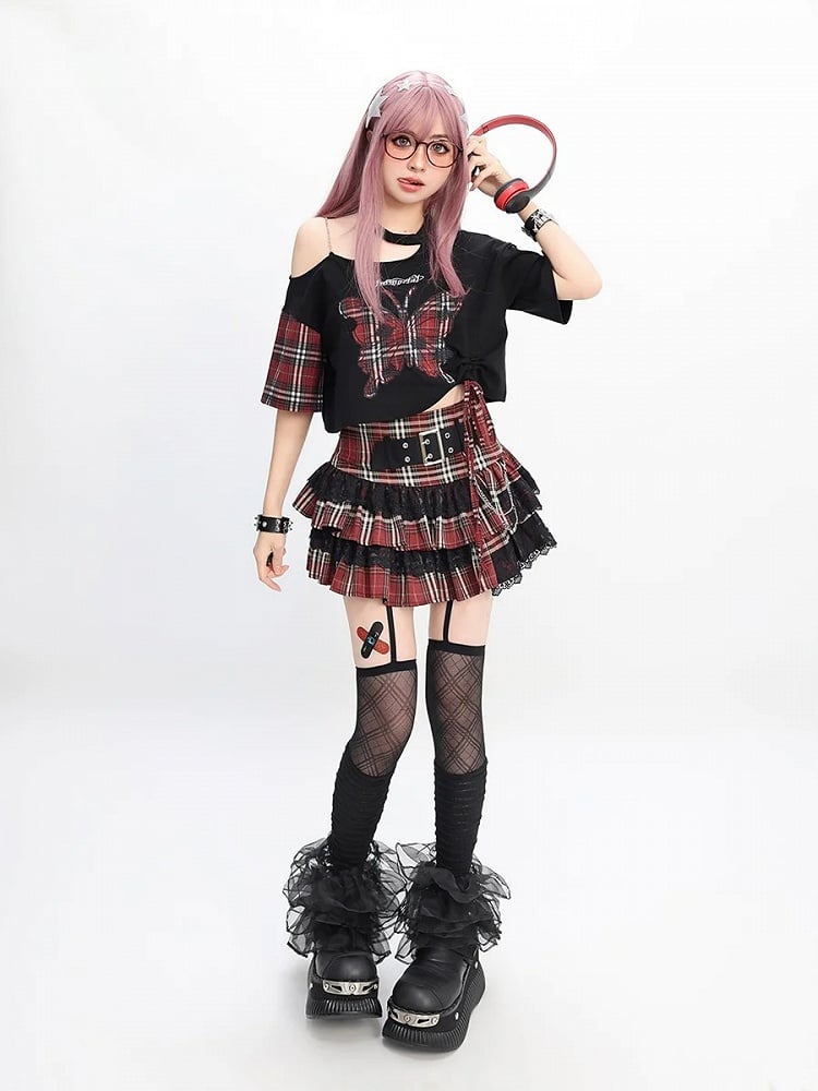 Rote Schmetterlingsapplikation Schwarz Asymmetrischer Ausschnitt T-Shirt Y2K Plaid