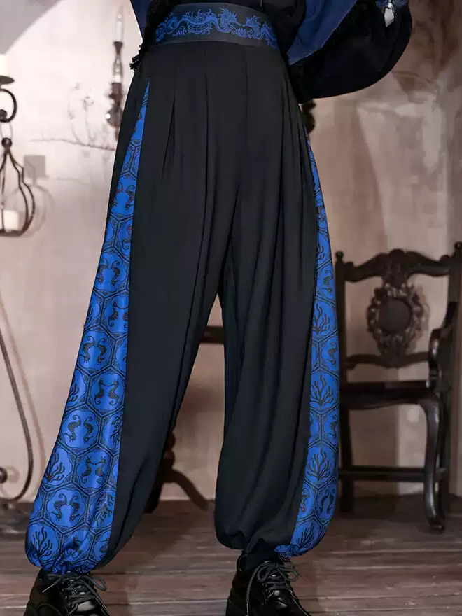 Blue Black Coral Drawsting Style	Wide-leg Cuff Pants Seahorse and Print Cheongsam