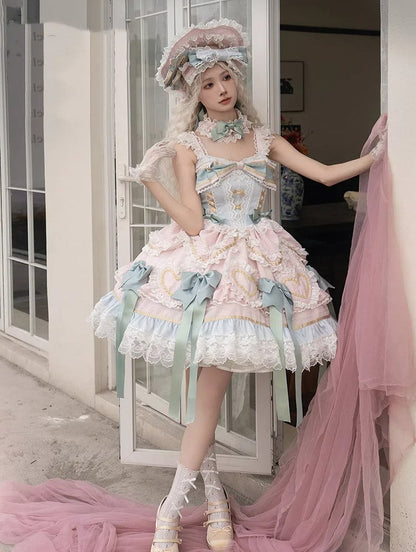 Mint Green Bows Pink and Blue Sweet Lolita Corset Dress with Choker