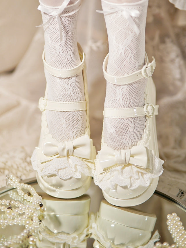 White Bow Milky Buckles at Platforms Lace Trim Top Heart