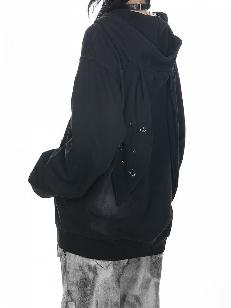 Black Vintage Punk Bunny Ear Hoodie with Zipper Closure