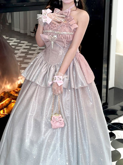 Shimmering Gradient Pink Halter Neck Sweetheart Neckline Top + Long Skirt Birthday Ball Gown