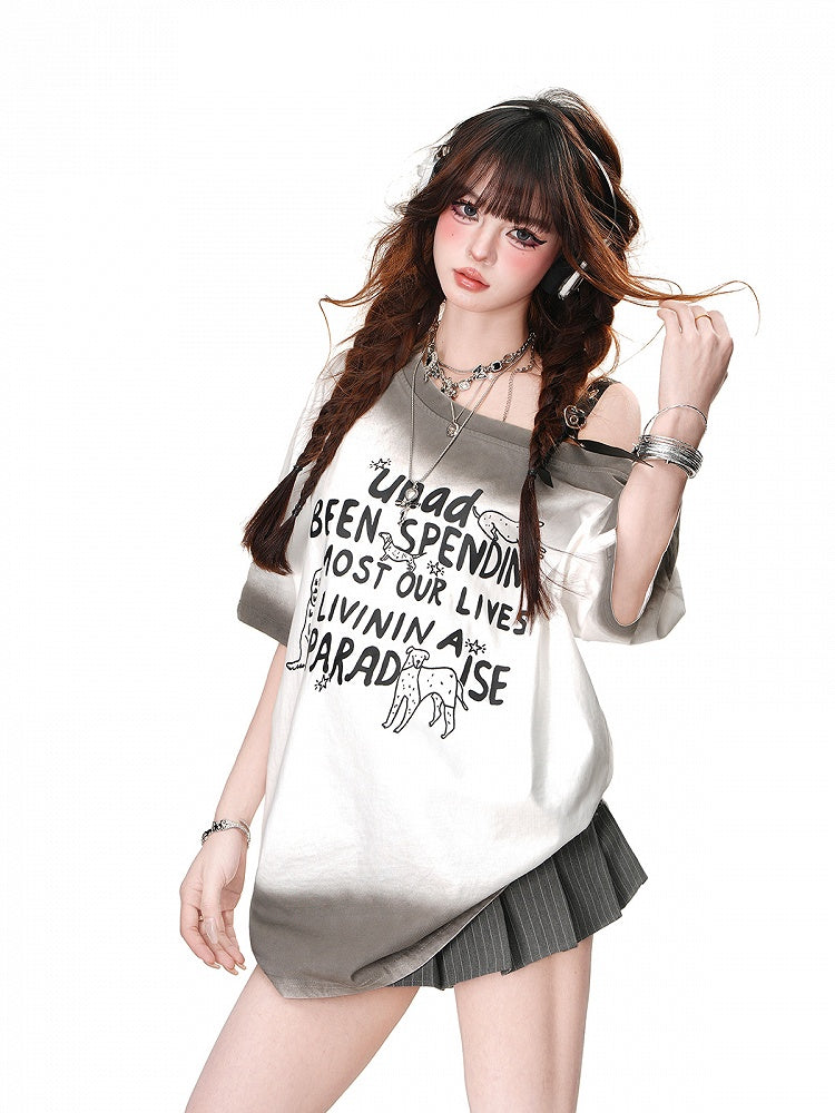 T-shirt Heart Buckle White/Black Loose Asymmetrical Neckline Adorable Puppy Print