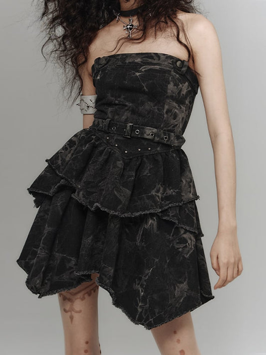 Black and Gray Basque Waist Punk Denim Strapless Dress