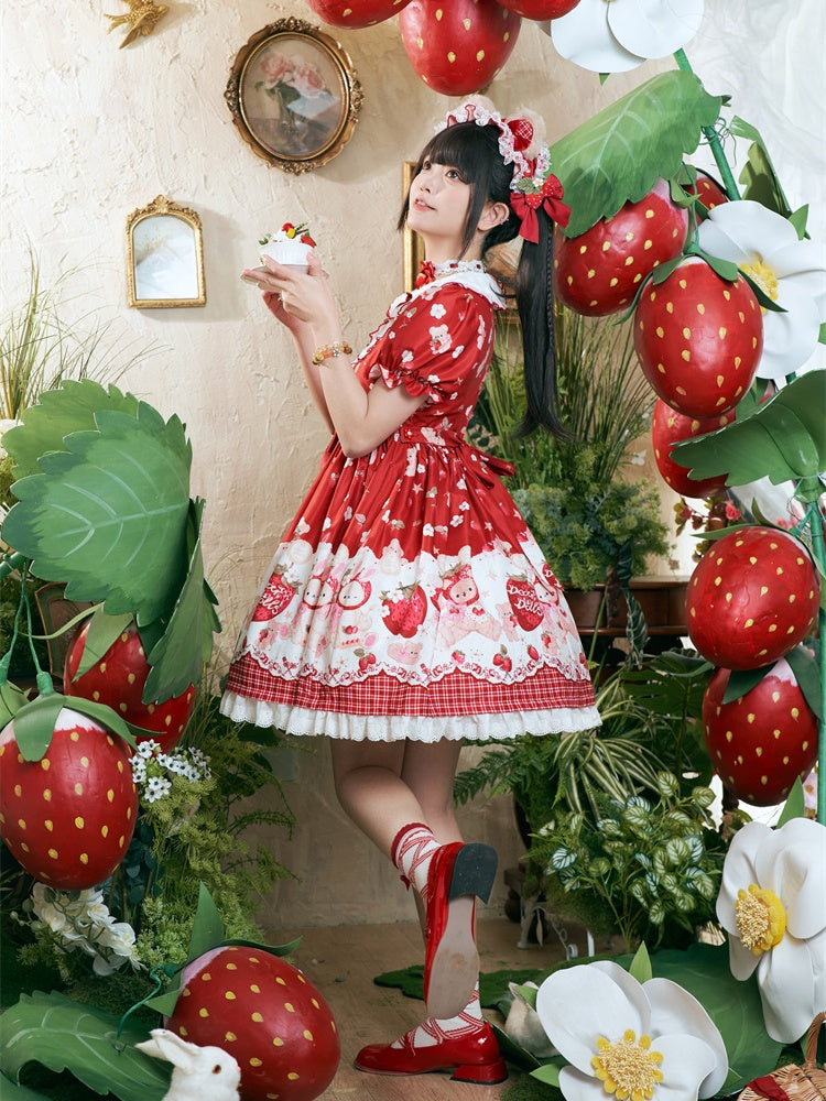 Wine Red Strawberry Bear Sweet Lolita Dress Cottagecore Country OP