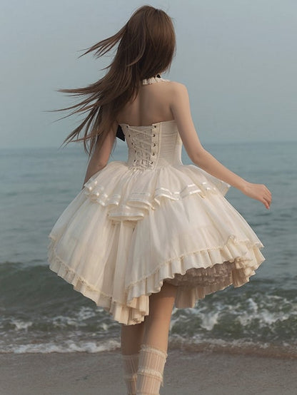 Lolita Halter Creamy Detail Embroidery Classic Delicate Backless Neck Dress