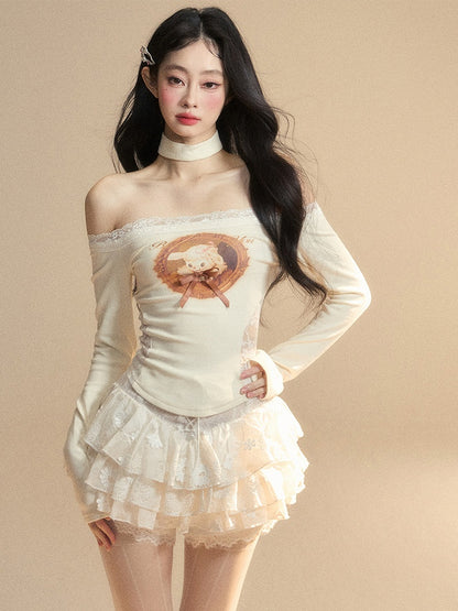 Lamb Print Waist Glamorous Top Patches Apricot Off-the-shoulder Lace Neckline
