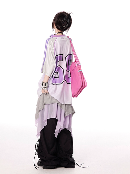 Cartoon Girl Print Black/Blue/Purple T-shirt Vintage V-neck Loose