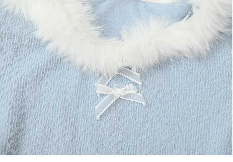 Haut à manches longues et col en peluche bleu avec détails nœud
