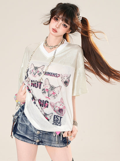 V-neck Cat Daily Kawaii Print T-shirt And Letter White