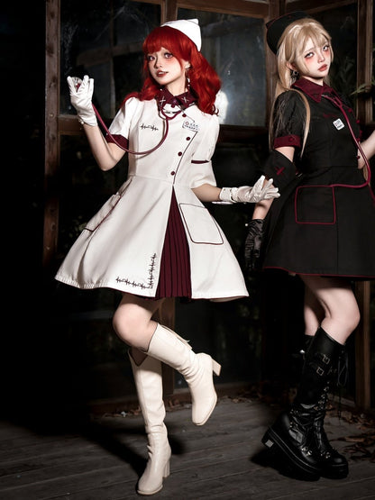 White and Red Halloween Costume Nurse Lolita Dress Full Set