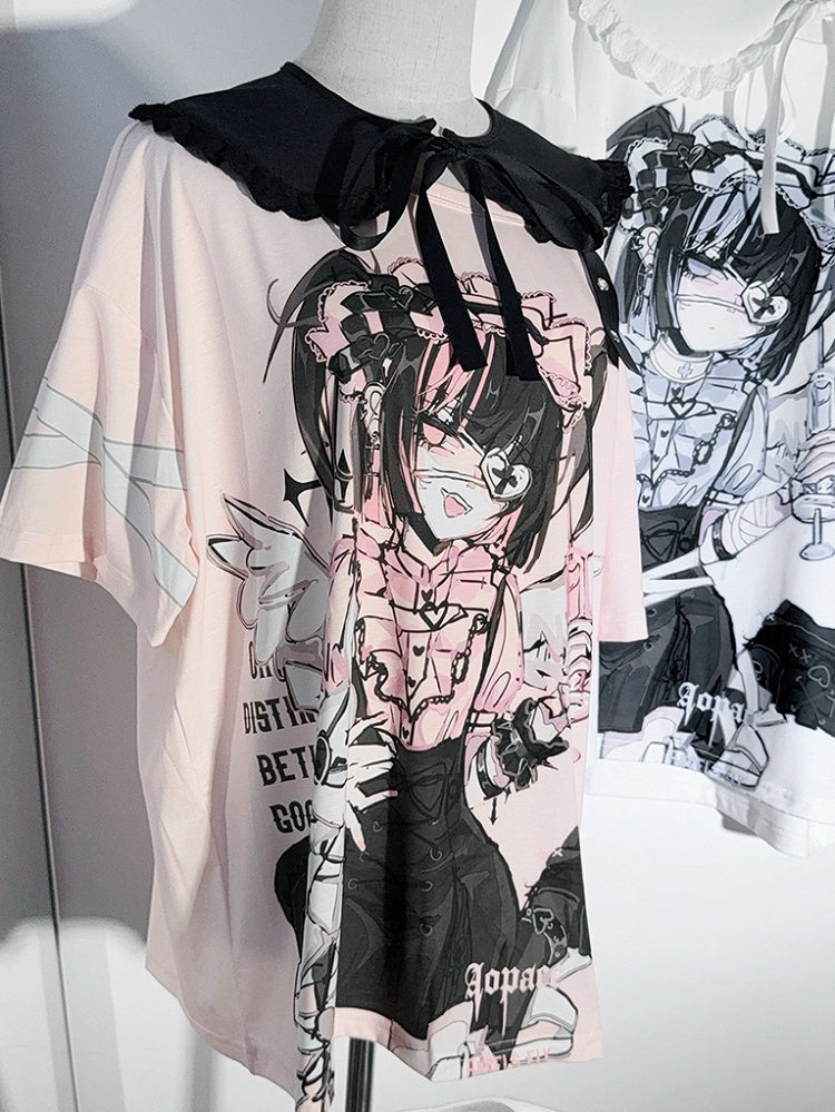 Dark with Cute Pan Anime Kawaii Detachable Yami Collar Print / Peter T-shirt: Cotton White Pink