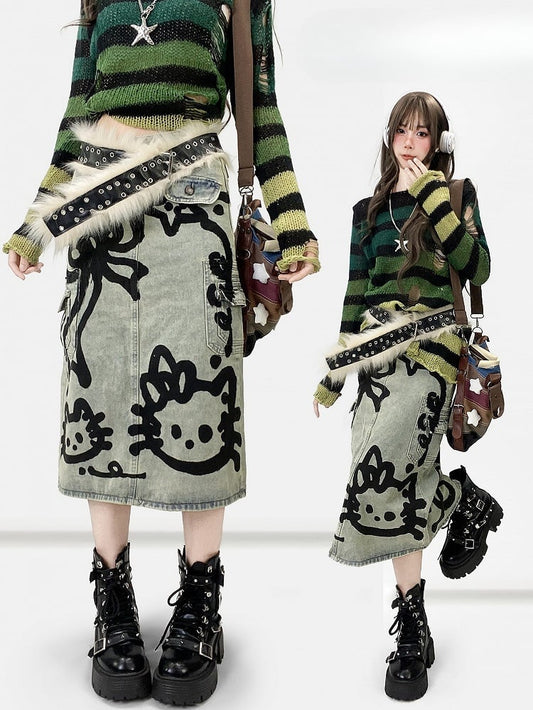 And Y2K Bowknot Kitty Skirt Denim Print Blue