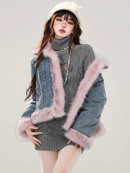 Blue Faux Fur Trim Thick Denim Jacket