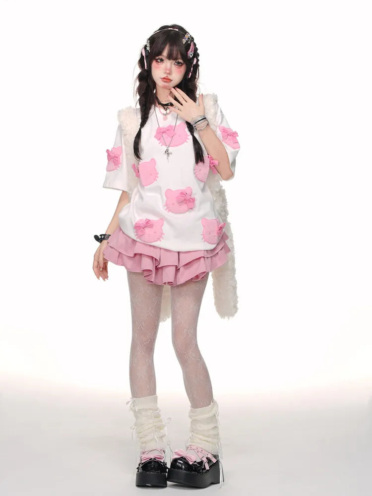 White/Pink Bowknot T-shirt Pattern Cute Kitty