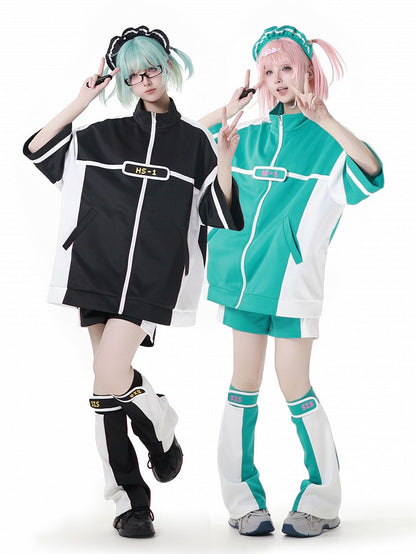 ホワイトカラーブロックデザインのグリーンレッグウォーマー