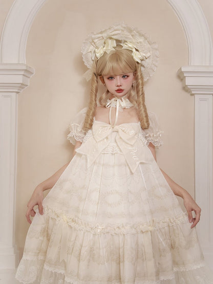 Sleeves Embroidered Print Bow Cream Neckline Dress Puff Lolita White Big Creamy